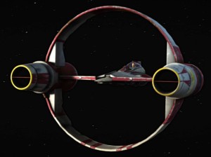 Obi-wan Kenobi's Delta-7B Aethersprite-class jedi starfighter with a Syluire-31 hyperspace docking ring.