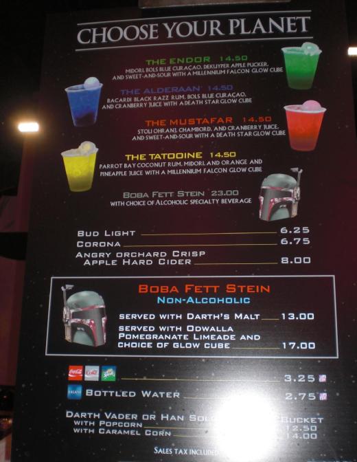"Are they trying to get us drunk?" This drink menu at Watto's Grotto offers the Boba Fett stein "with (your) choice of alcoholic specialty beverage" for $23.00. Or you could buy the Boba Fett stein with a non-alcoholic drink for $13.00.