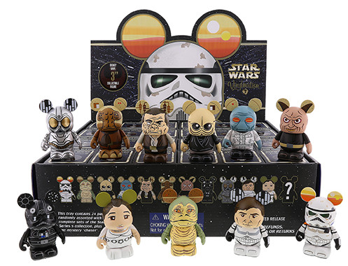 Star Wars Vinylmation Series 5 includes 11 common characters and a chaser figure.  Pictured here (top row, L to R): Death Star Droid, Momaw Nadon ( or Hammerhead), Dr. Evazan, Figrin D’an, Duros, Labria and (bottom row, L to R): TIE Fighter Pilot, Princess Leia, Jabba the Hutt, Han in Stormtrooper disguise and Sandtrooper
