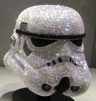 The stormtrooper helmet (not life-sized) has 19,100 crystal stones and took artisans about 117 hours to create. Limited to 300 pieces worldwide at $8,900.